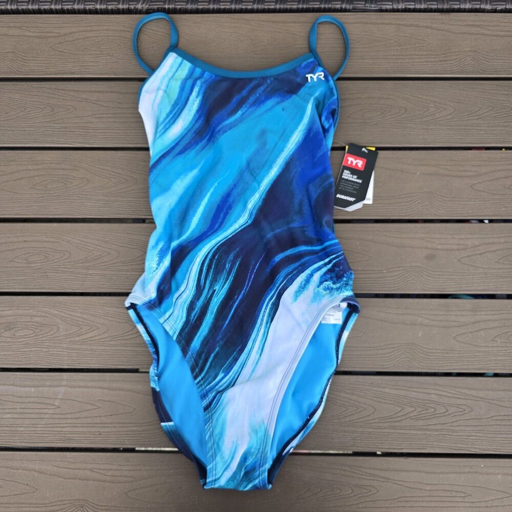 TYR Durafast Century Teal/Aqua Crosscutfit Tieback Swimsuit Sz 32 New